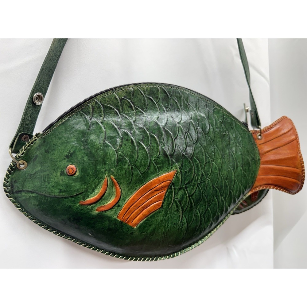 Vintage Hand Tooled Large Leather Fish Purse & Matching Coin Mexican Folk Art
